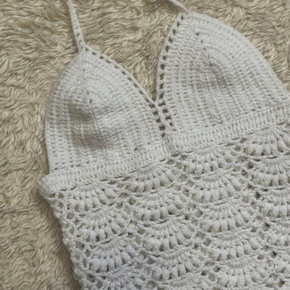 Handmade XS Crochet Cotton Halter Tank Top White Scallop Open Back - Picture 4 of 6
